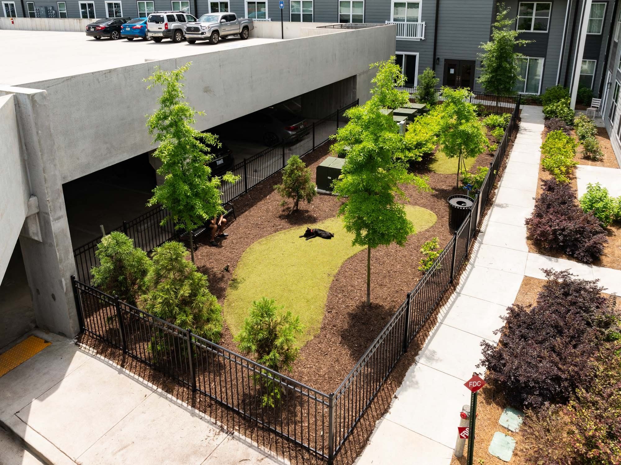 an aerial view of a courtyard with trees and a dog